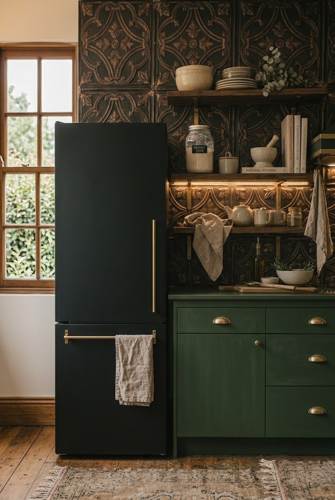 Matte-black vinyl-wrapped fridge next to forest-green cabinets in a moody kitchen
