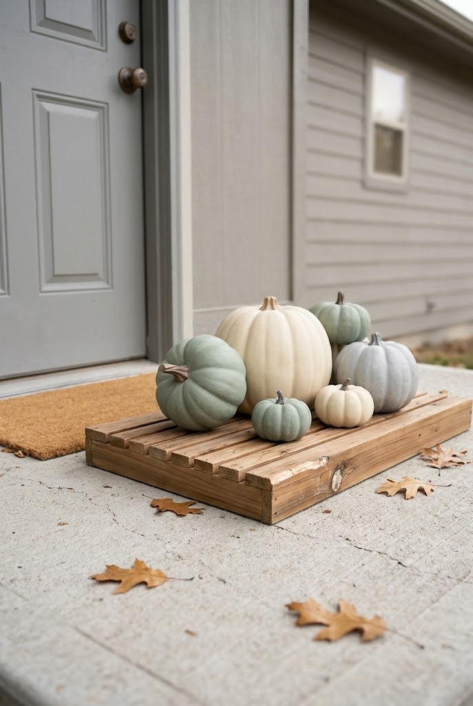Matte faux pumpkins in three sizes on a slatted wooden tray on a concrete stoop