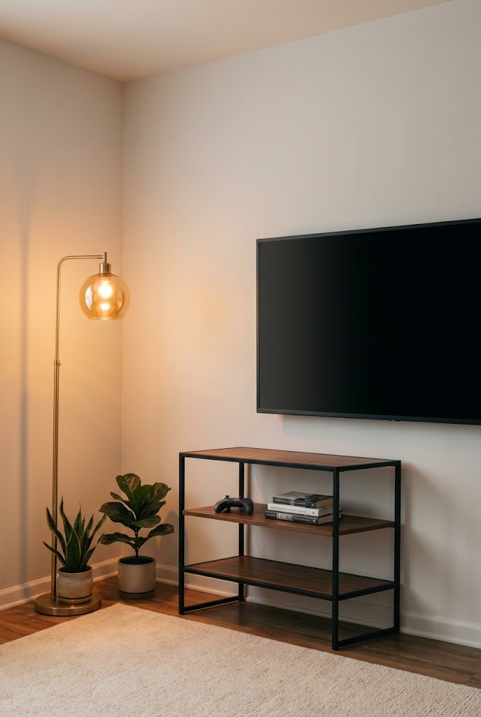 Corner media shelf and warm floor lamp beside a wall-mounted TV