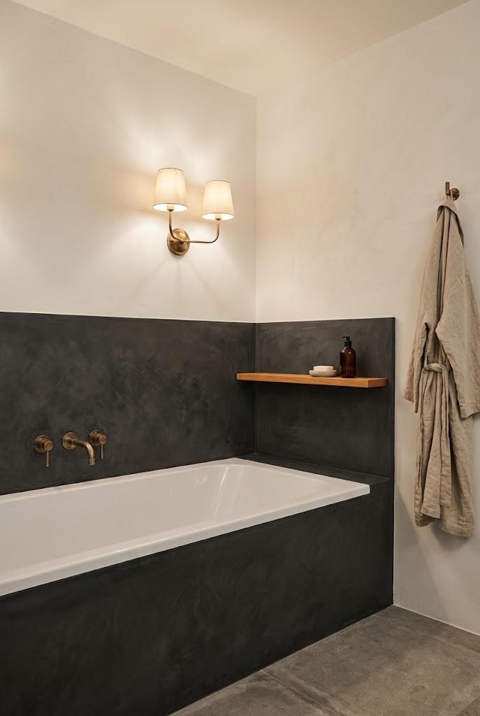Dark microcement tadelakt-look half wall wrapping a small bathroom tub zone