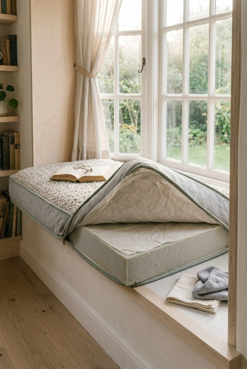 Window seat cushion corner lifted to show a waterproof moisture barrier over the foam base