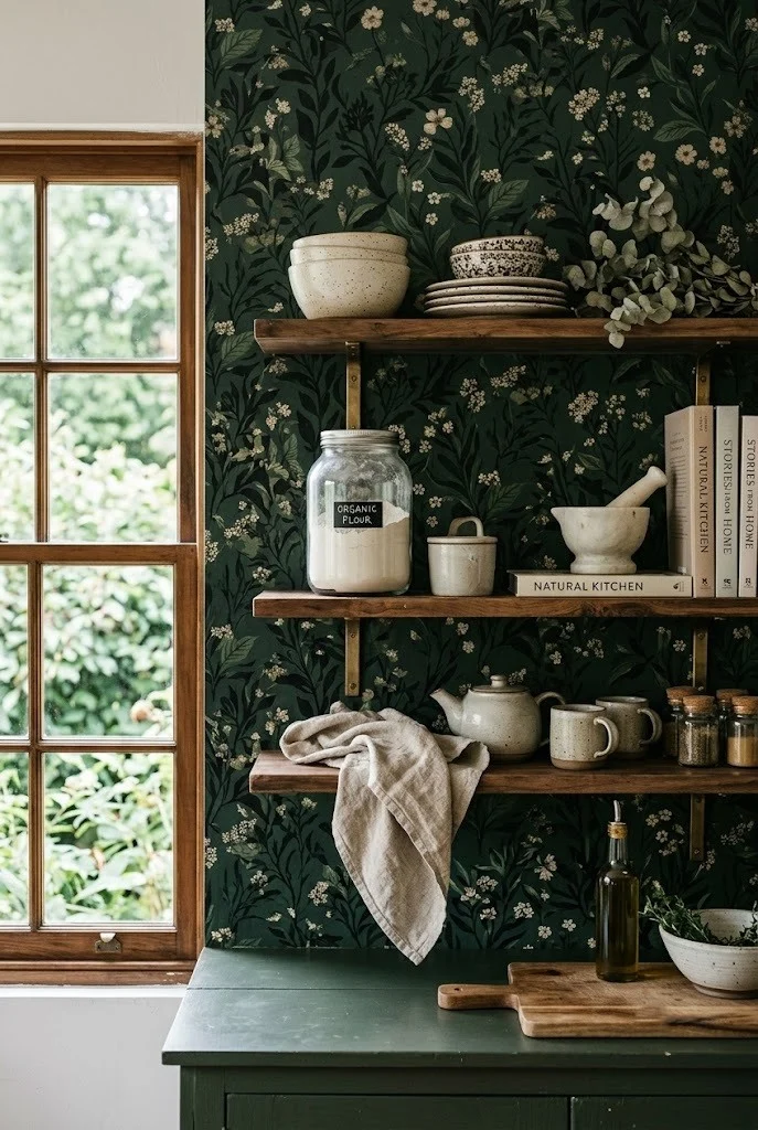 Dark cottagecore kitchen wall in botanical peel-and-stick wallpaper behind white open shelves