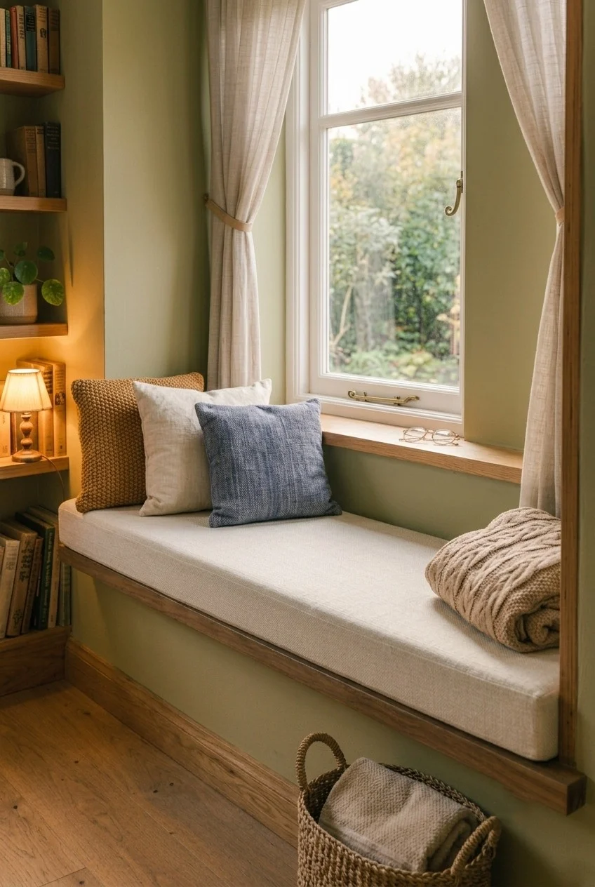 Narrow window seat with three end-placed pillows leaving clear space to sit