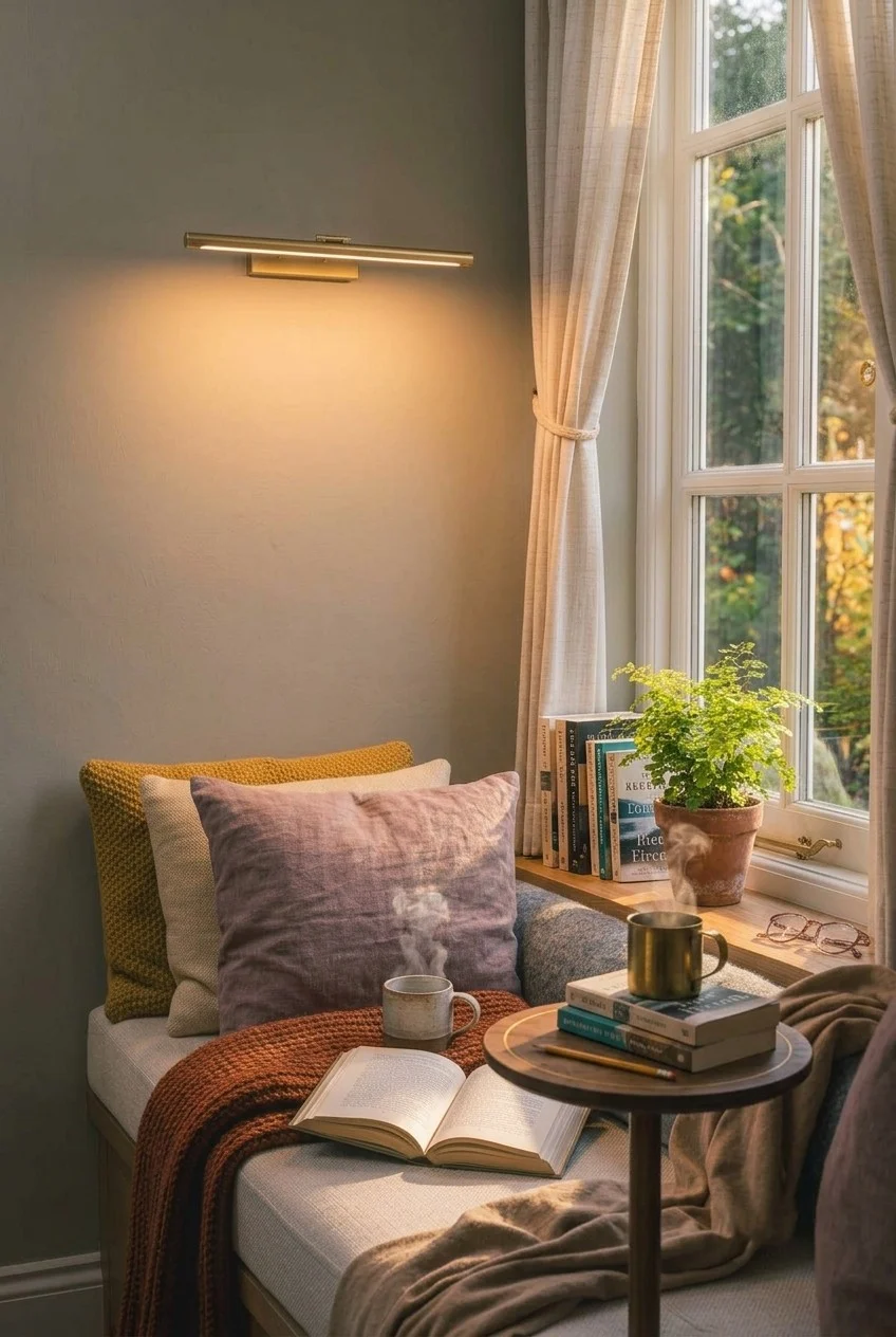 Slim round side table at cushion height beside a window seat holding a mug and books