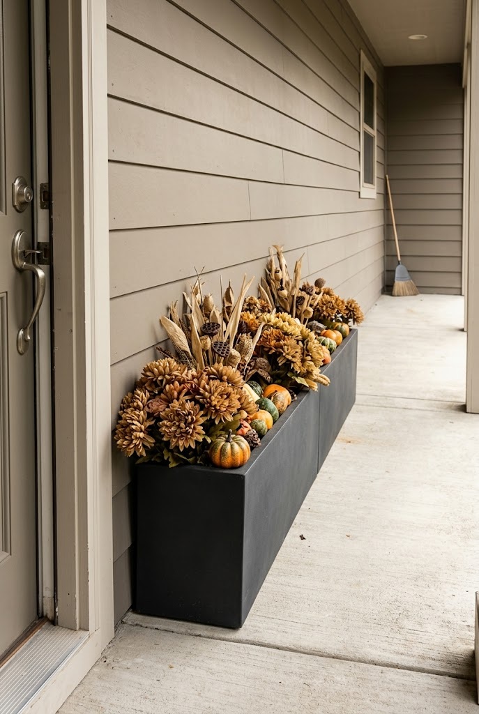 Narrow trough planter filled with faux mums against the wall of a small stoop