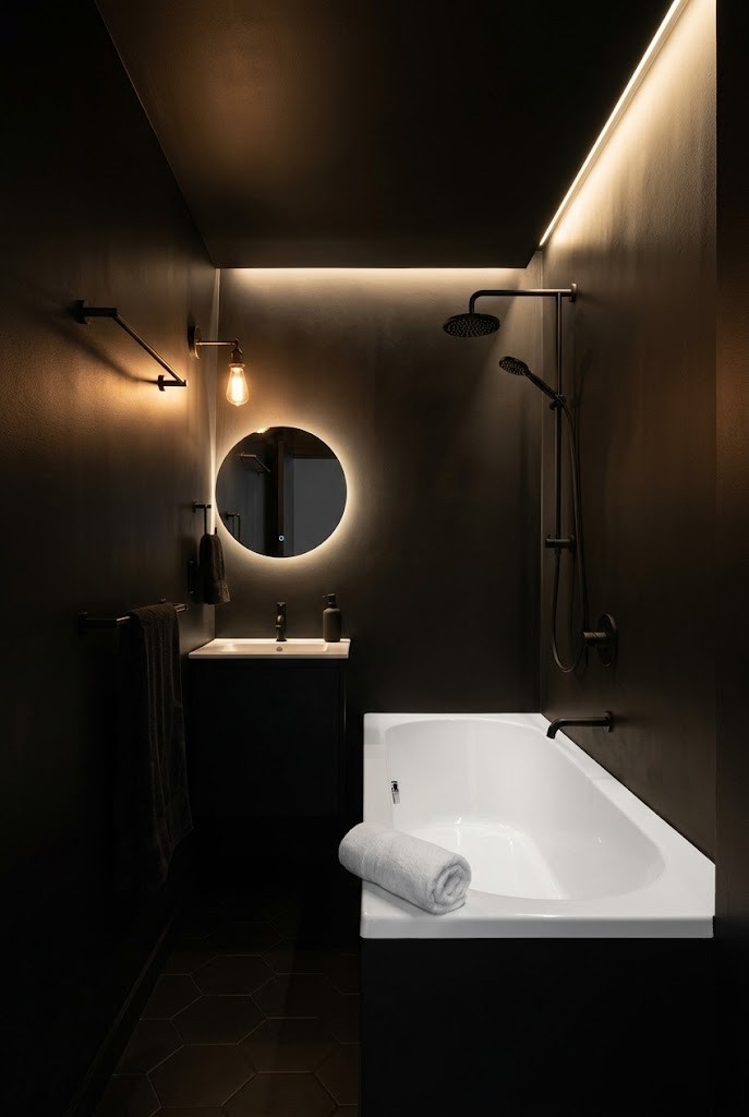 Near-black moody small bathroom with matte black fixtures and a white tub