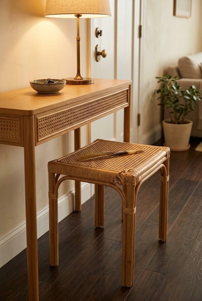 Rattan nesting stool sliding out from under a slim entry console table