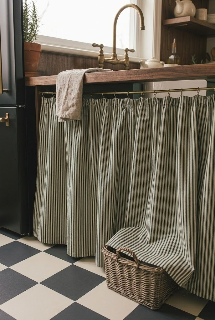 No-sew dark ticking sink skirt hiding under-cabinet clutter in a cottage kitchen