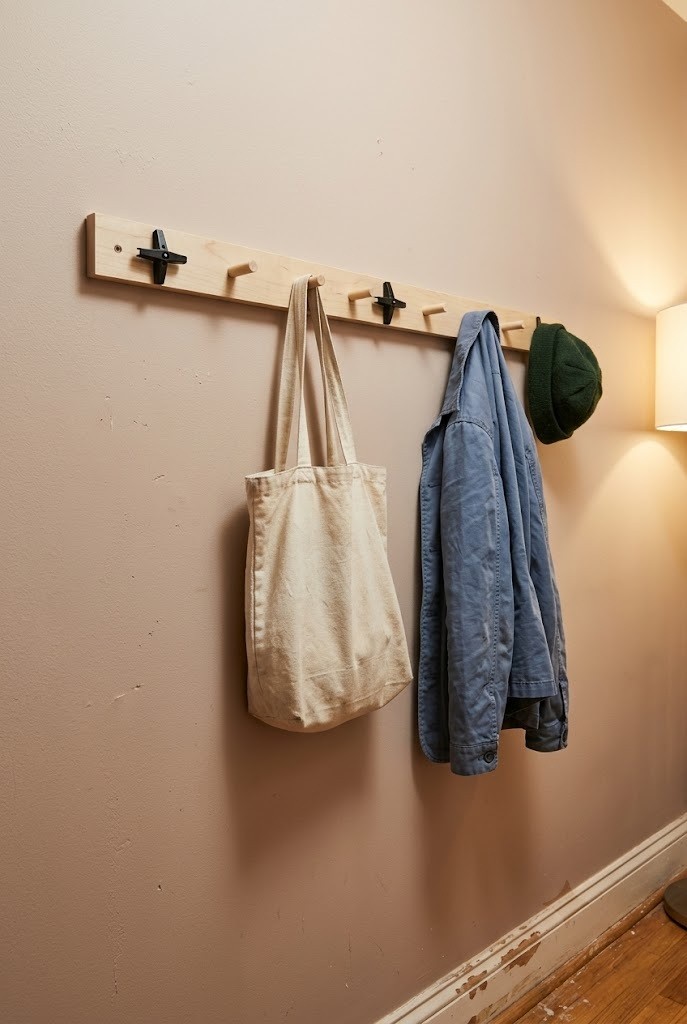 Renter-friendly peg rail entryway idea mounted on drywall anchors, no studs