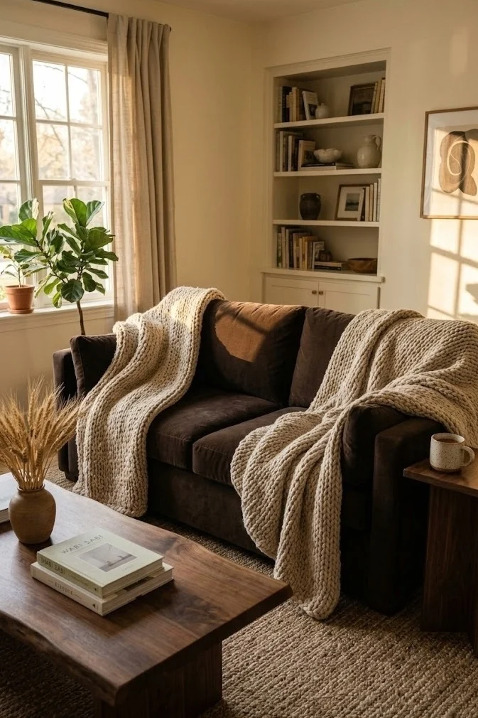 Oatmeal chunky-knit throws draped over both arms of a chocolate brown couch