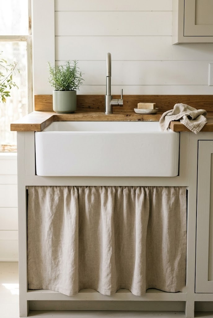 Oatmeal linen kitchen sink skirt attached with velcro under the counter with no visible rod