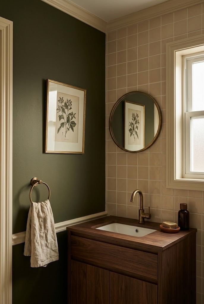 Deep olive accent wall paired with beige bathroom tile in afternoon light