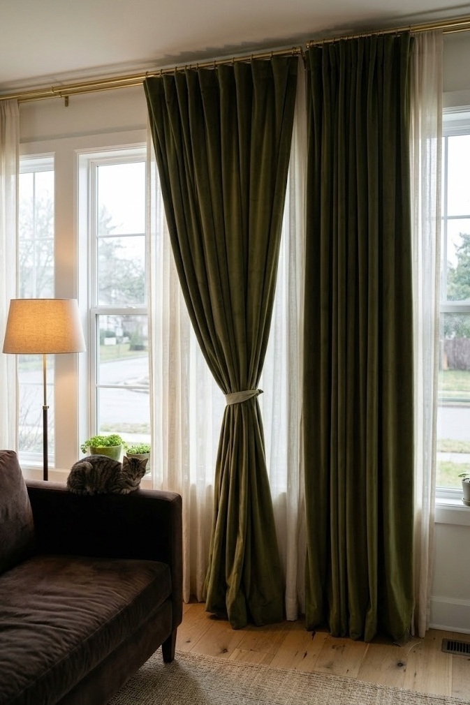 Olive green velvet curtains on the window wall beside a dark brown couch