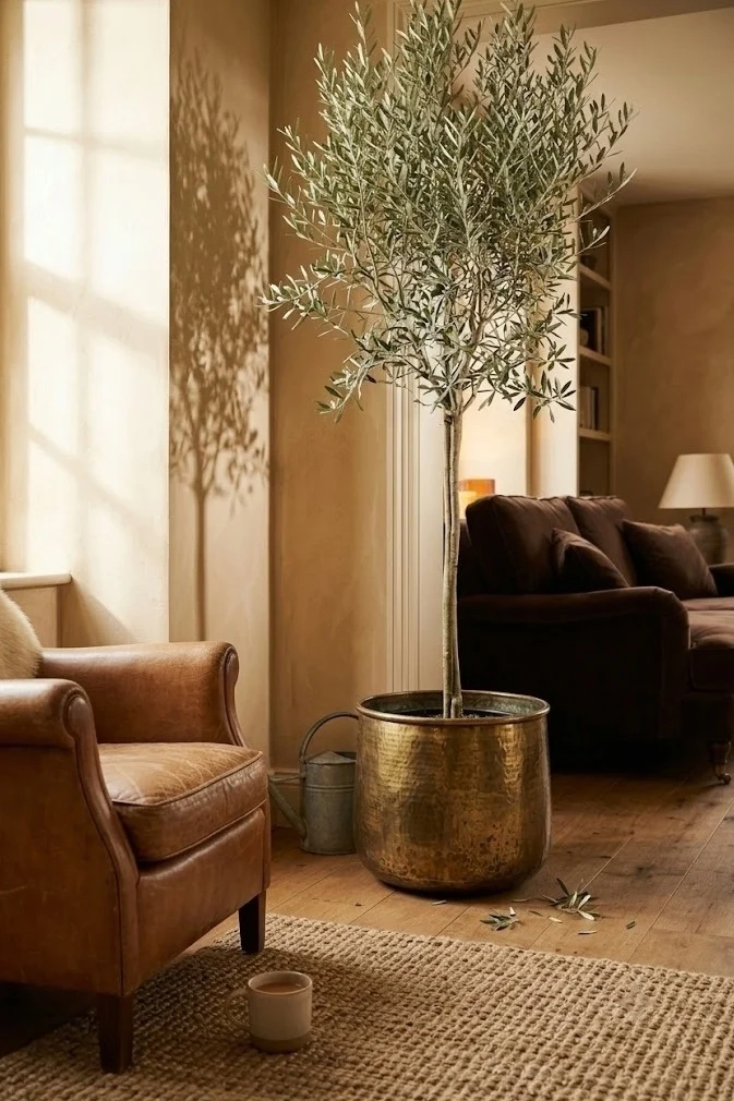 Tall olive tree in an aged brass planter beside a deep brown sofa