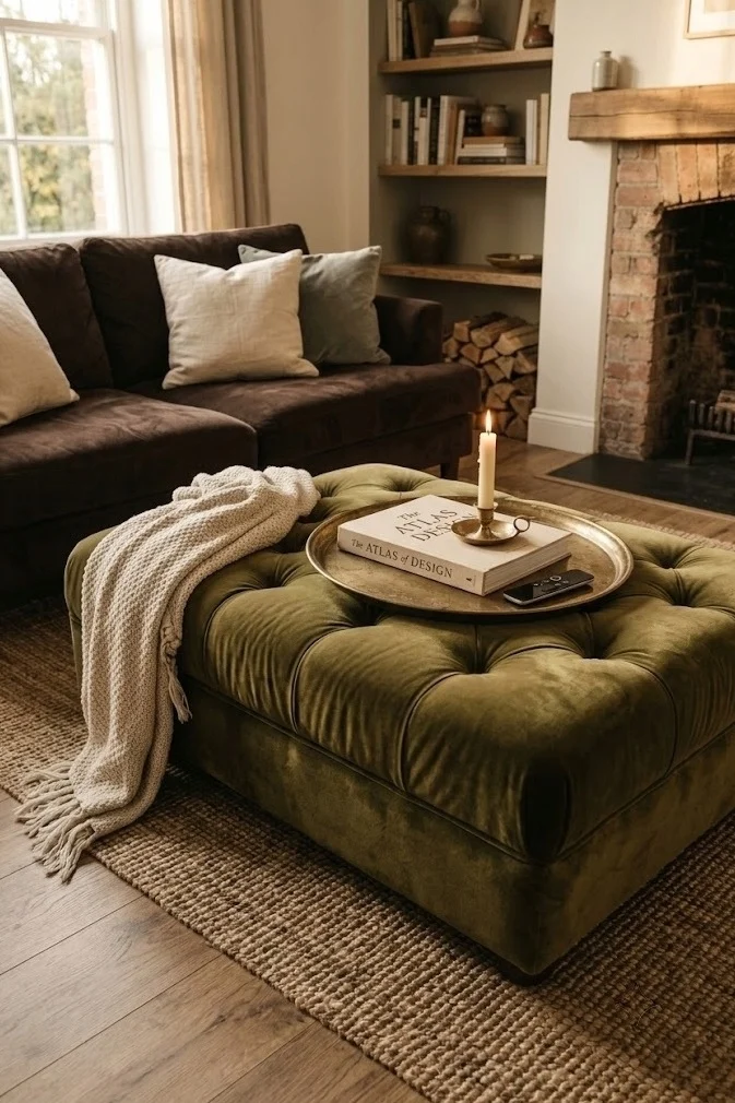 Olive velvet ottoman with a brass tray used as a coffee table by a dark brown sofa living room