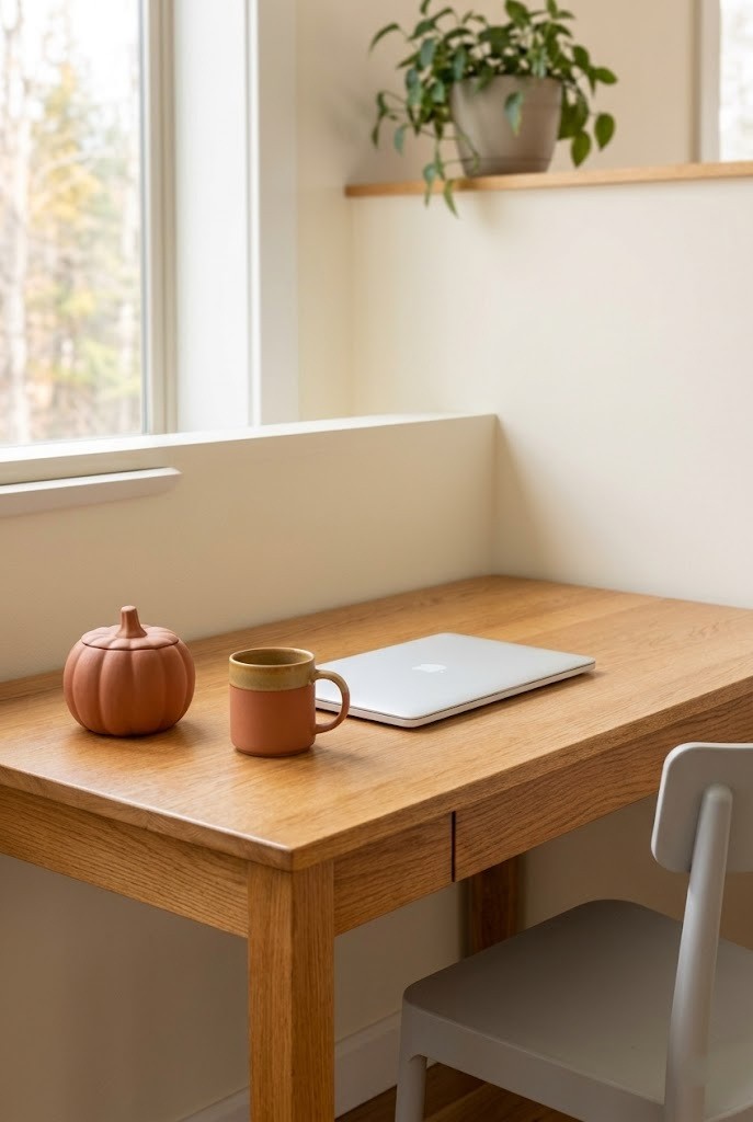 One ceramic pumpkin as the single seasonal anchor on a clear fall office desk