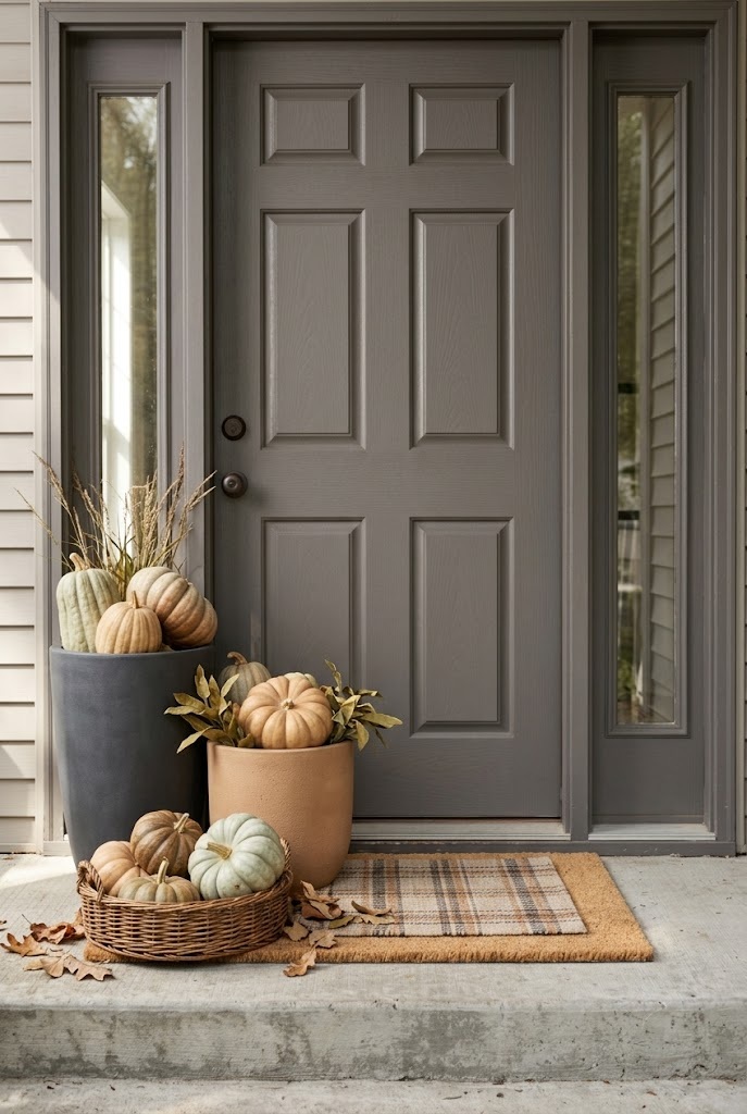 Small front porch fall decor arranged as a three-height gourd cluster on one side of the door