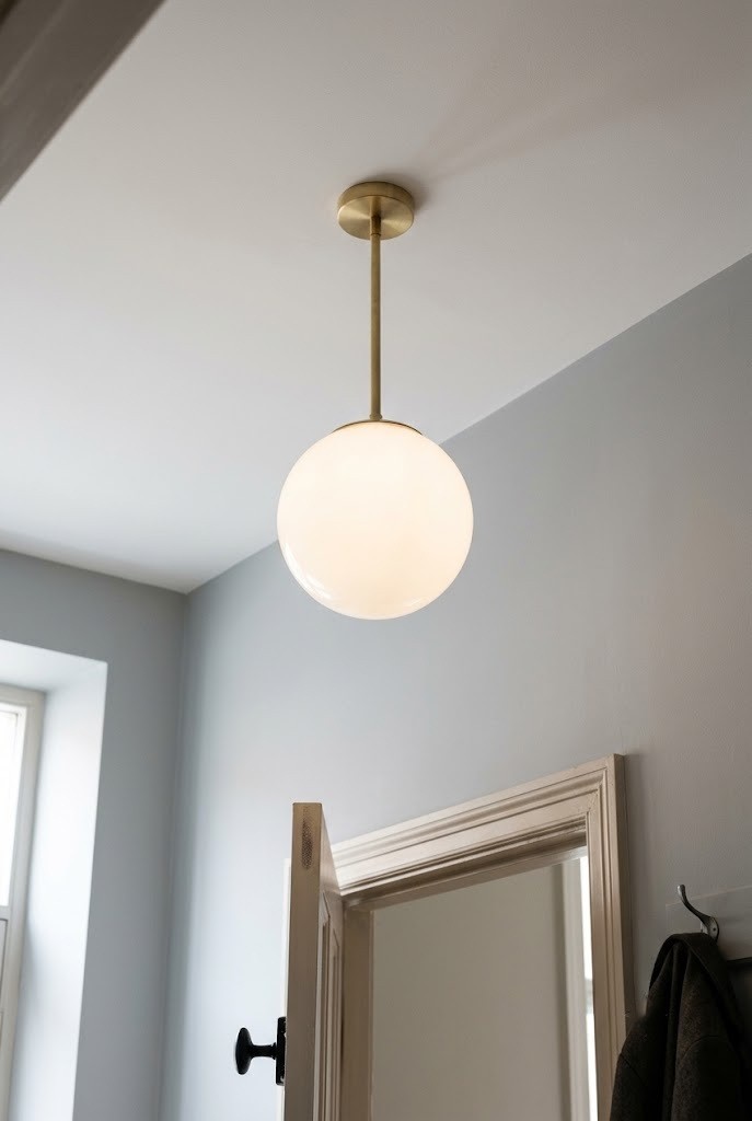 Opal glass globe ceiling light on a brass stem in a grey and white hallway