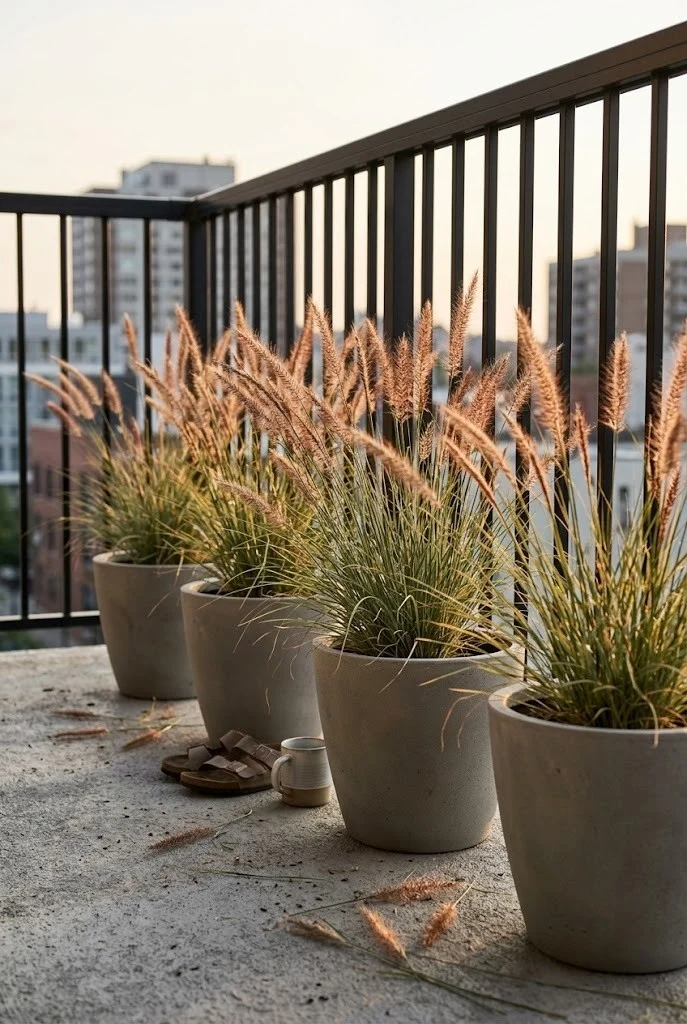 Ornamental grasses in concrete-look pots lined along a balcony floor in evening light
