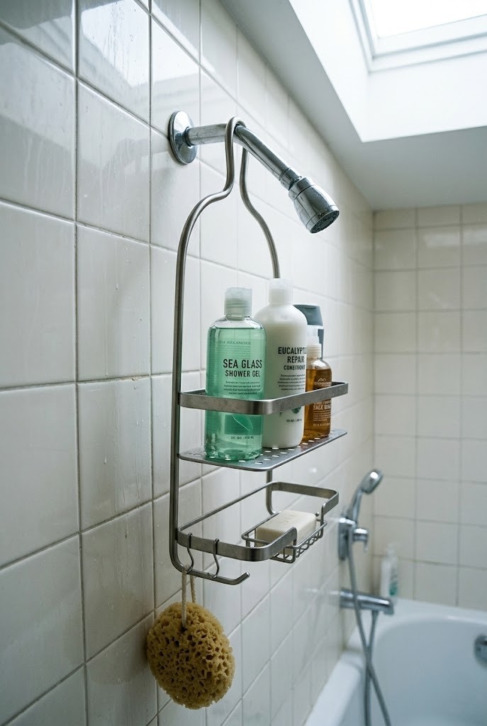 Over-the-arm hanging shower caddy needing no suction or glue