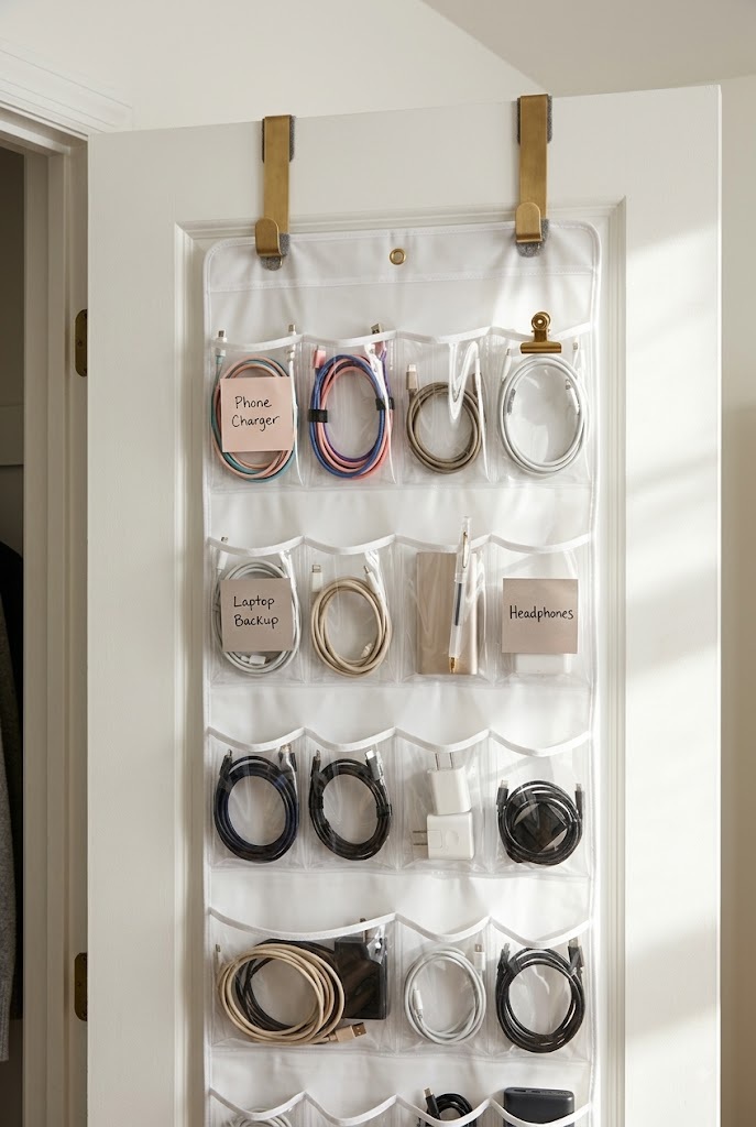 Over-the-door organizer on a closet door holding cables and chargers