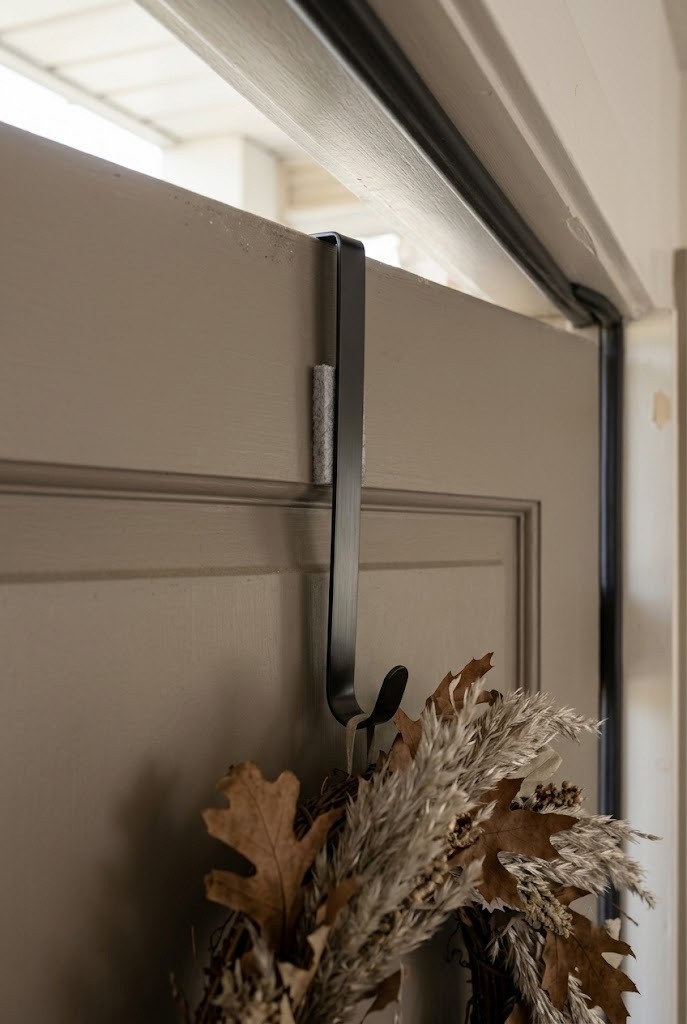 Over-door wreath hook seated on the top edge of an exterior front door