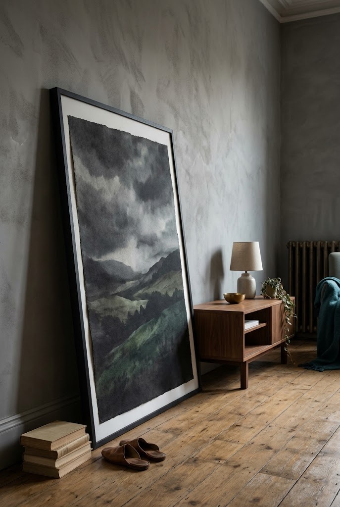 Oversized moody art print leaning on the floor beside a console in a rental