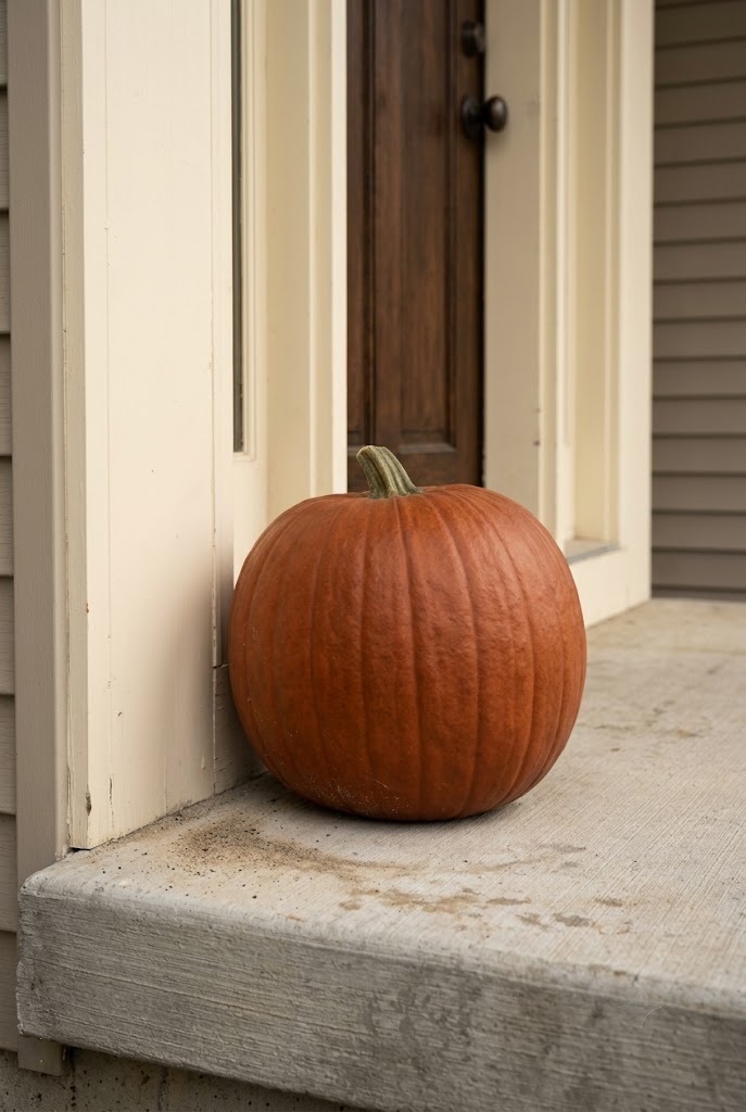 One large weighted pumpkin at the base of a front door frame on a bare stoop