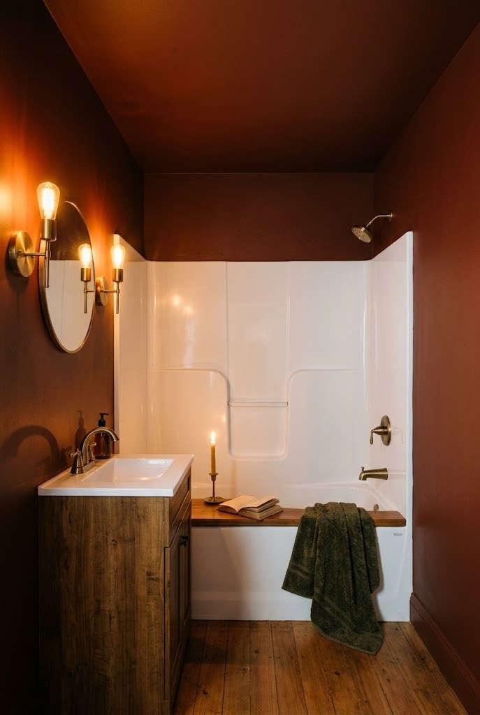 Oxblood drenched small bathroom glowing warm around a white tub