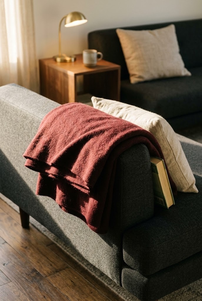 Oxblood merino wool throw folded over the arm of a dark sofa in fall light