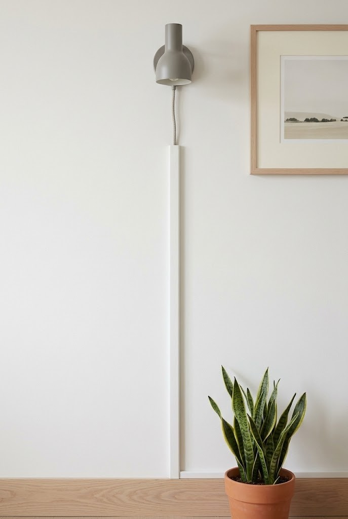 Paintable cord cover hiding a plug-in sconce cord down a wall
