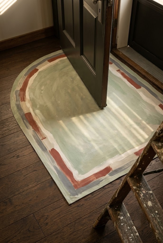 Painted canvas floor cloth cut along the curve of a front door swing arc