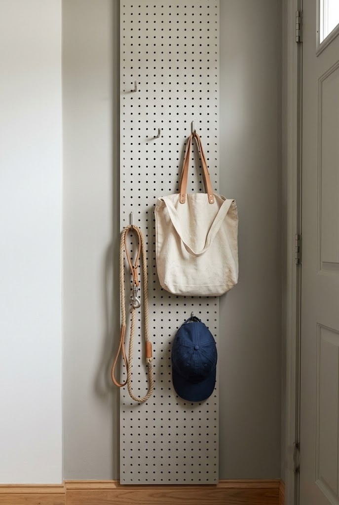 Pegboard strip painted to match the wall holding bags near a living room door