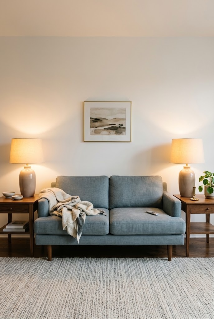 Two matching table lamps flanking a sofa for even living room light