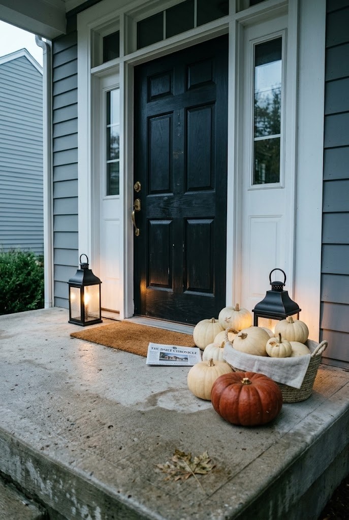 Cream and buff pumpkins with one rust accent on a shaded north-facing porch pad