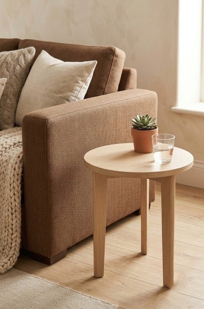 Round pale wood side table beside a brown sofa breaking up the color in a small living room