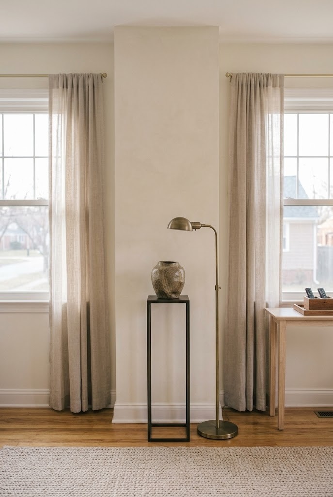 Slim pedestal and floor lamp in the wall pier between two living room windows
