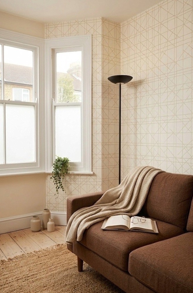 Brown sofa in front of a light peel-and-stick accent wall in a small living room
