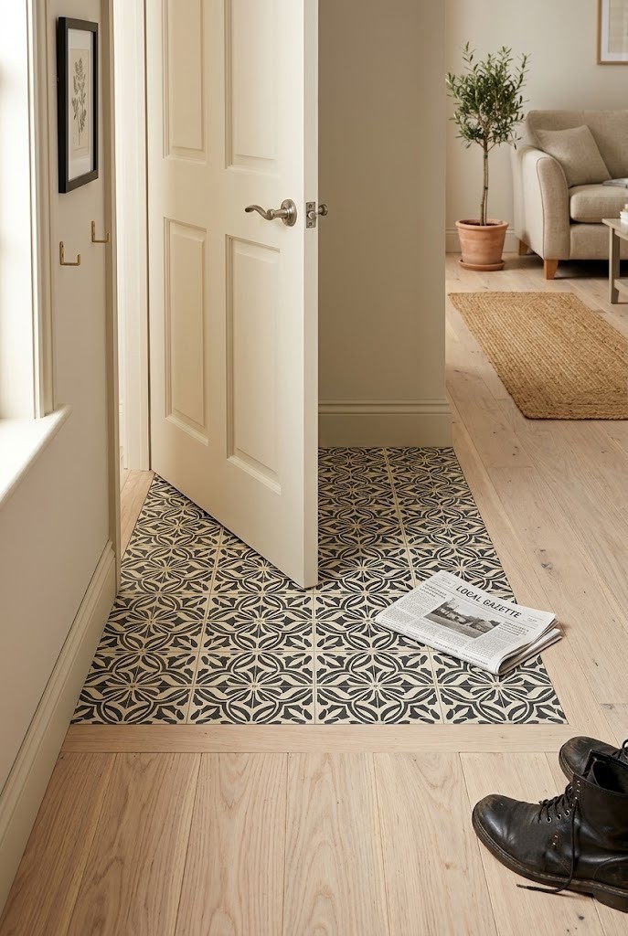 Peel-and-stick tile square marking an entry landing where the door swing ends