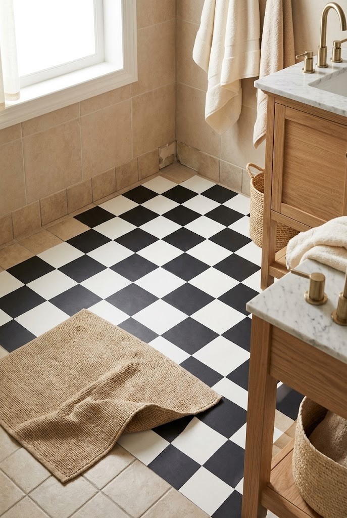 Black-and-white checkerboard peel-and-stick vinyl floor over beige bathroom tile