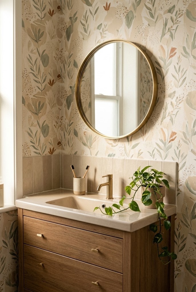 Warm neutral peel-and-stick wallpaper behind a bathroom vanity in morning light