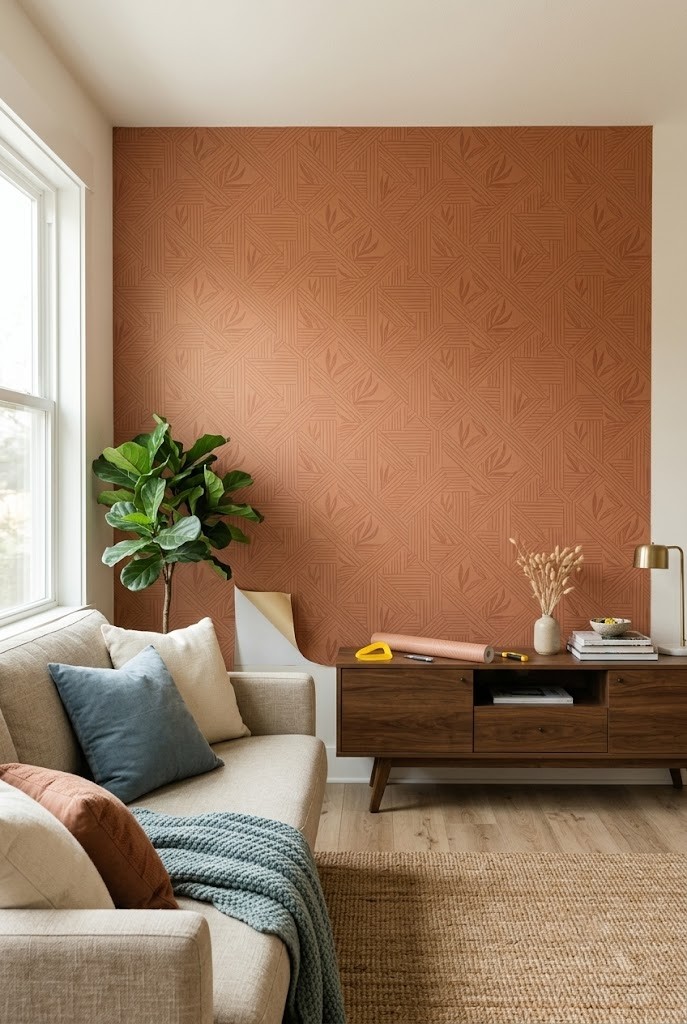 Renter-friendly living room accent wall in clay-toned peel-and-stick wallpaper behind a sofa