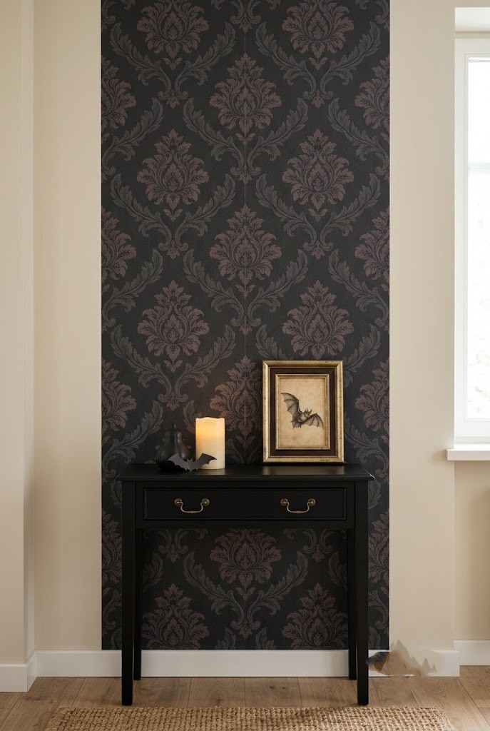Removable peel-and-stick damask wallpaper accent panel in an apartment entryway for a renter Halloween look