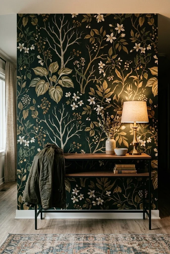 Dark botanical removable wallpaper on a rental accent wall behind a console