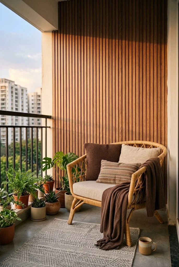 Peel-and-stick wood slat panel behind a balcony seating corner with layered pillows