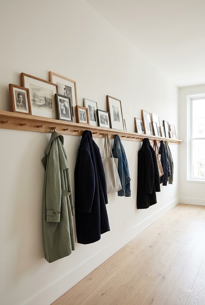 Full-wall peg rail doubling as a leaning gallery ledge in an entryway