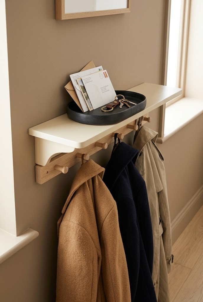 Peg rail with a shelf above for the keys and mail landing zone