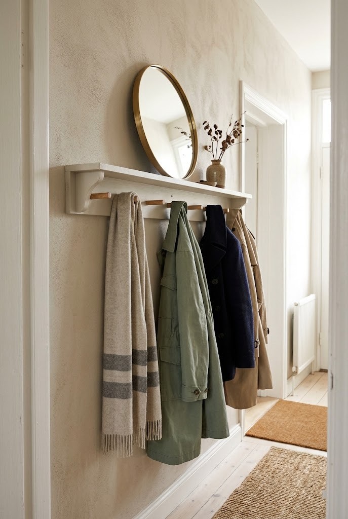 Small mirror leaned on a shelf above an entryway peg rail in a hallway