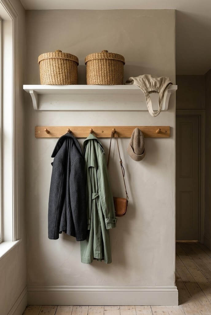 Peg rail entryway idea with a shelf above holding two woven baskets