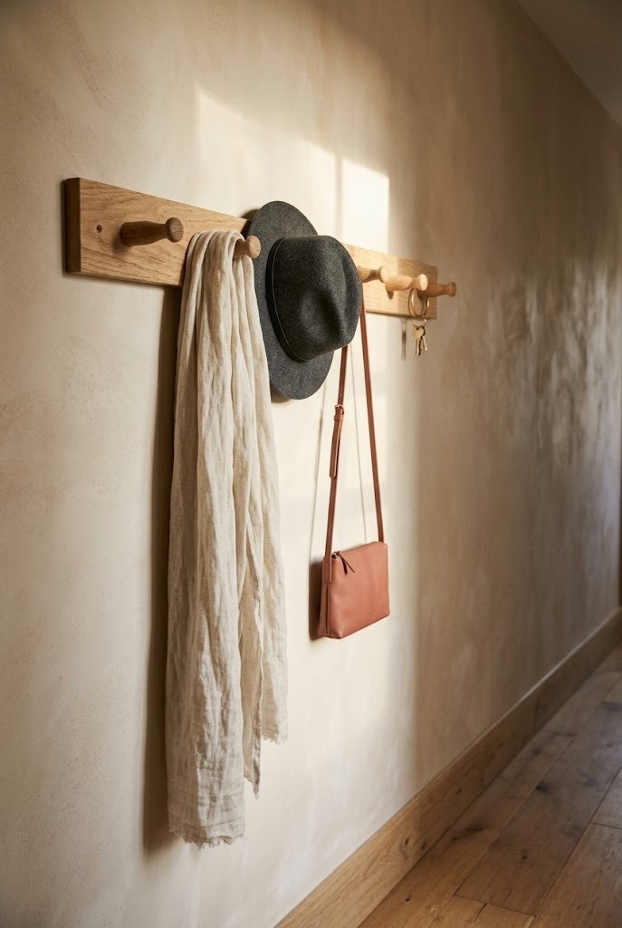 Wooden peg rail styled with three items and bare pegs in a narrow hallway